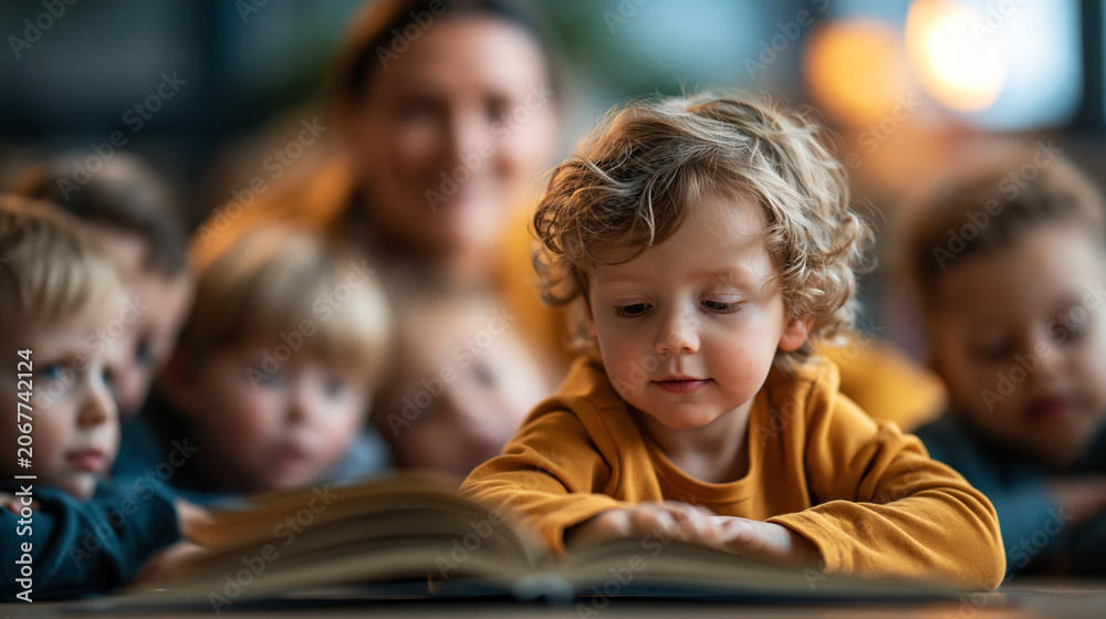 Fototapeta premium A wide shot of children gathered softly around an open book with a calm teacher in a bright classroom children book open faces bright classroom daylight workspace full scene