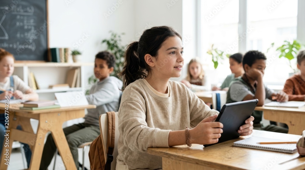 Fototapeta premium Young Female Student Using Digital Tablet in Classroom with Diverse Classmates.