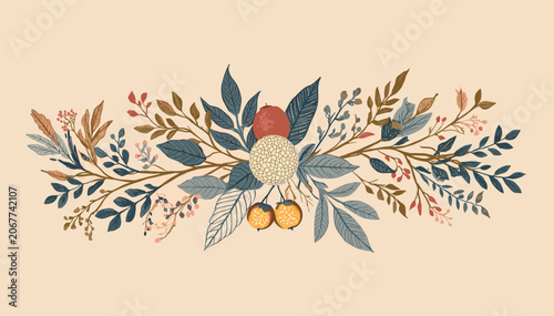 Obraz na płótnie A beautiful and intricate floral arrangement featuring a variety of leaves, berries, and botanical elements in warm, earthy tones