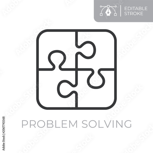 Problem solving line icon. Editable stroke outline symbol of puzzle pieces for problem solving, solution, strategy, analysis and decision making. Flat vector illustration.