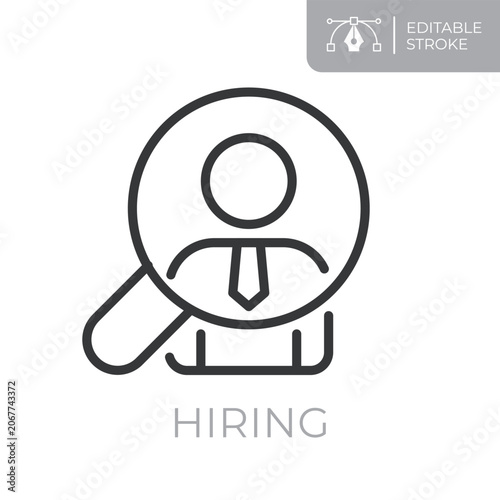 Hiring line icon. Editable stroke outline symbol of person and magnifying glass for recruitment, hiring, candidate search and employee selection. Flat vector illustration.