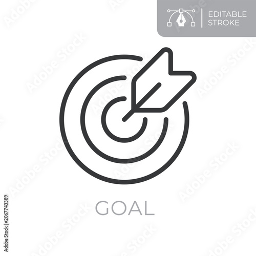 Goal line icon. Editable stroke outline symbol of target and arrow for business goals, objectives, strategy, performance, growth and success. Flat vector illustration.