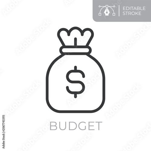 Budget line icon. Editable stroke outline symbol of money bag for budget, savings, finance, cash, funds and wealth. Flat vector illustration.