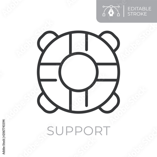 Support line icon. Editable stroke outline symbol of lifebuoy for customer support, help desk, assistance, service and problem solving. Flat vector illustration.