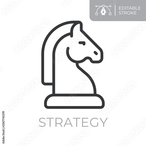 Strategy line icon. Editable stroke outline symbol featuring chess knight, business strategy, planning, leadership, decision making and competitive analysis. Flat vector illustration.