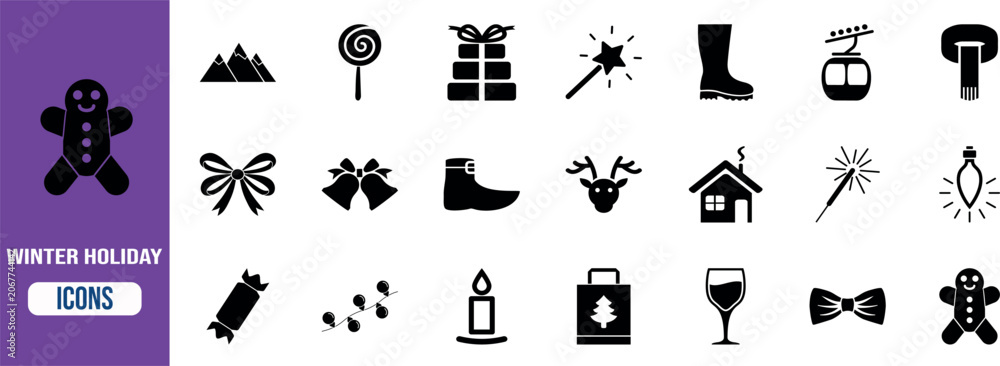 Naklejka premium Winter holiday festive celebration icons. gingerbread icon set, gift icon set, reindeer icon set