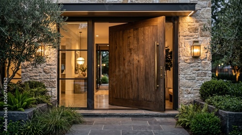 Modern home entrance with open wooden door and stone facade at dusk