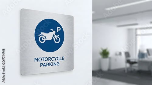 Motorcycle parking zone signage on metallic wall background