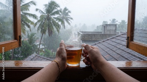 POV of a person holding a steaming glass mug of hot black tea by an open wooden window, looking out at heavy tropical monsoon rain and coconut palm trees in Kerala, India