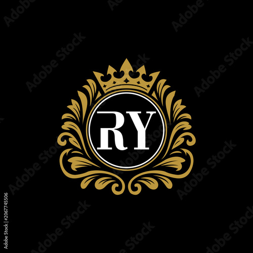Vector graphic of a classic royal crest monogram logo featuring the initials RY and a luxurious crown ornament. This vector is perfect for company logos, salons, wedding name designs, branding, etc.
