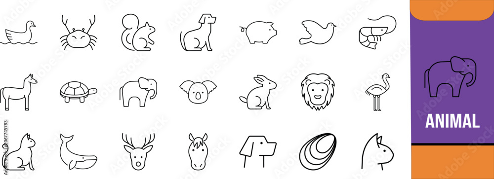 Fototapeta premium Cute animal line vector icons. dog icon set, cat icon set, elephant icon set