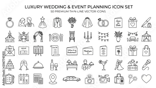 Luxury Wedding and Premium Event Planning Thin Line Vector Icon Set with Bridal Celebration Symbols