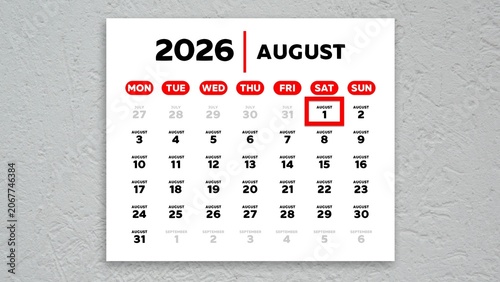 Red cursor highlighting August 1st on a 2026 wall calendar page