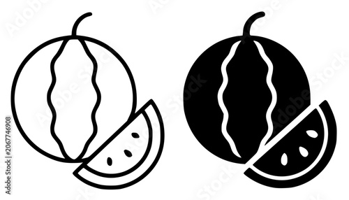Watermelon minimalist icon, in outline and silhouette design for food or fruit theme