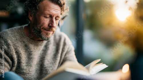A wide shot of a person reading softly an open book beside a calm bright window overlooking a peaceful garden garden window open face bright interior daylight workspace full