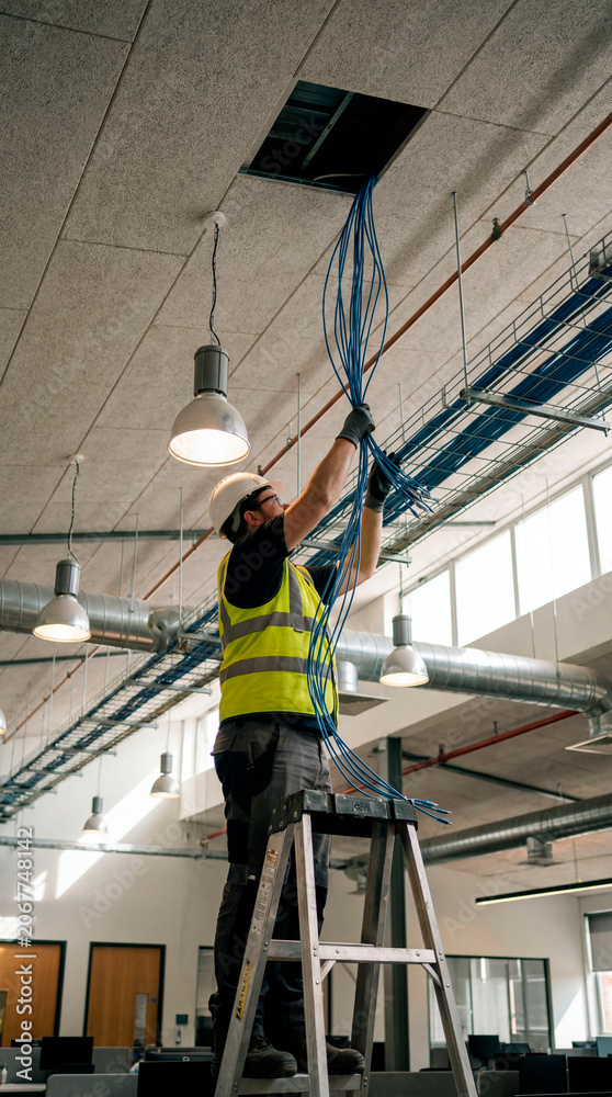 Fototapeta premium Technician in safety vest installing blue network cabling above ceiling in open office