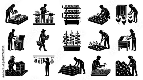 Black  White Silhouette Urban Farming  Home Gardening Glyph Icons Set. People Cultivating Food