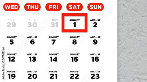 Close-up of August 1st date marked with a red cursor on a 2026 wall calendar