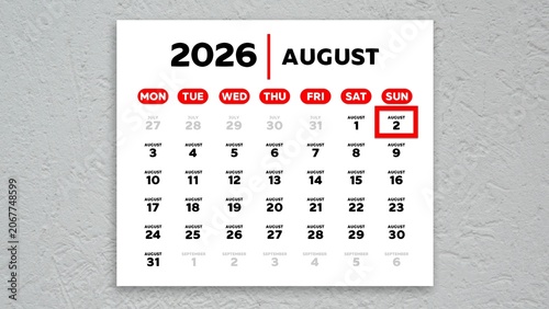 Red cursor highlighting August 2nd on a 2026 wall calendar page