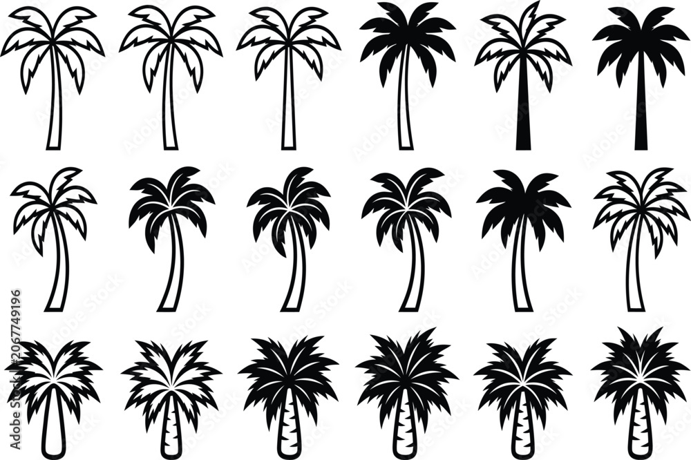 Naklejka premium Palm tree silhouettes and line illustrations on a white background