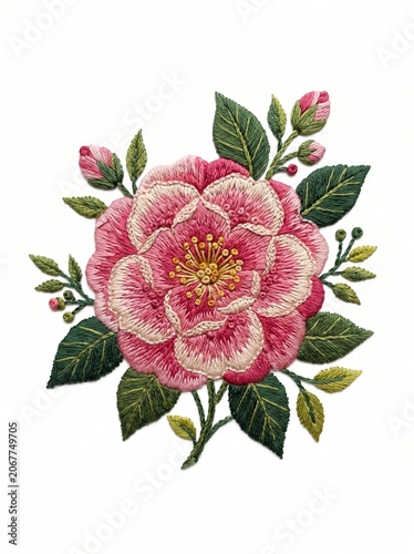 Detailed embroidery pink peony flower with green leaves and buds isolated on white background
