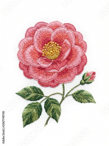 Ornate embroidery pink lotus flower with golden details and decorative green leaves isolated on white background
