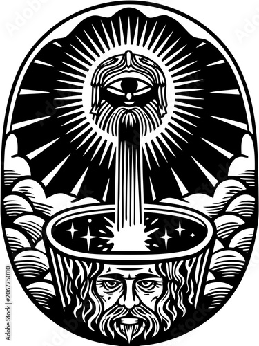 Symbol of wisdom and insight featuring an old man with an eye above him surrounded by waves and clouds Generative AI