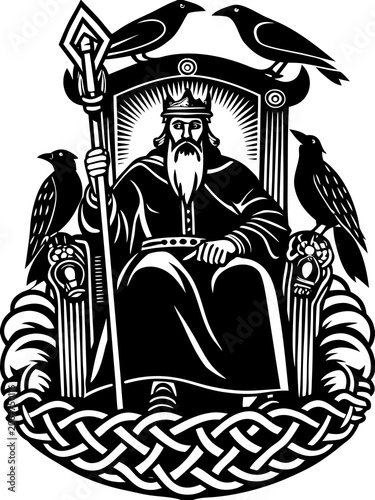 King sitting on a throne with birds above in a black and white design showing a detailed scene Generative AI