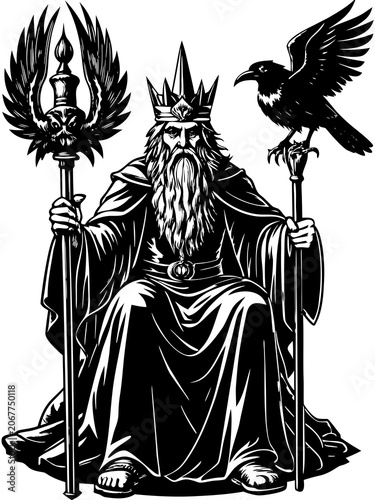 King with a crown and a raven sits on a throne holding two staffs in a dark design Generative AI