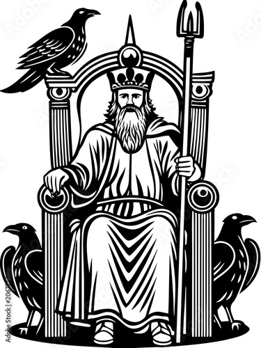 King sits on a throne with ravens beside him while holding a spear and wearing a crown Generative AI