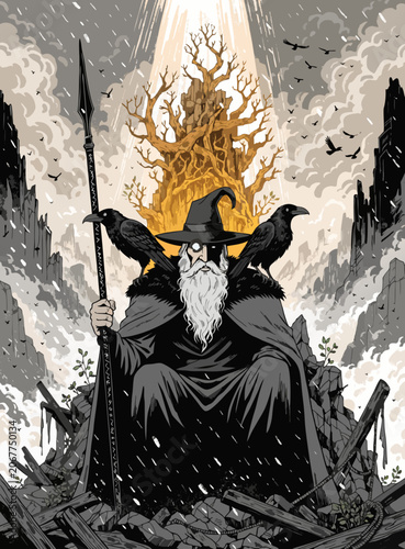 Wizard sits on a rocky throne with crows in a desolate landscape beneath dark clouds and a bright tree Generative AI