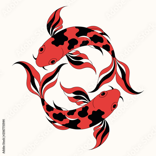 Koi fish swimming together in a circular pattern with black and red colors and flowing fins Generative AI