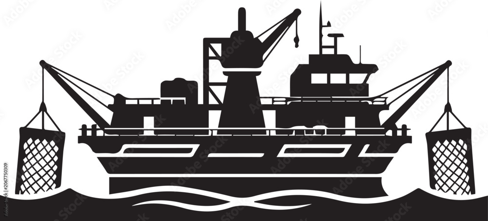 Obraz premium Black silhouette of a fishing trawler with nets isolated on white background