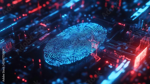 Biometric fingerprint scan illuminated by vibrant blue and red digital circuits, symbolizing secure access and authentication technology.