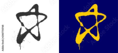Star core shape spray paint graffiti tag layout. Distressed abstract urban aerosol celestial symbol with yellow realistic dripping ink splatter for hardcore streetwear presentation template clip art.