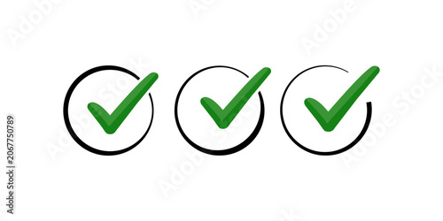 Green Checkmark Circle Icon Set – Black Outline Tick Mark Approved Symbol Flat Vector Illustration