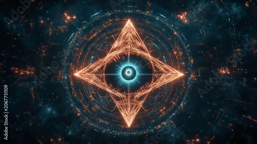All Seeing Eye of Providence, Sacred Geometry Symbol of Mystic, Blue Network Digital HUD Concept.