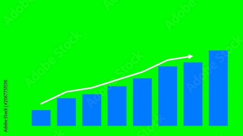Blue Bar Chart With Rising Growth Arrow Success Visual Isolated On Chroma Key Green Screen Background