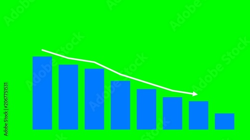 Blue Bar Chart Graph Showing Downward Economic Performance Trend on Green Screen Background