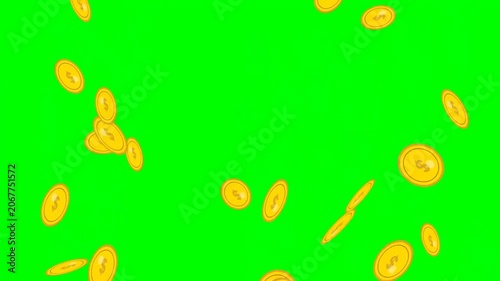 Falling Golden Currency Coins Animation Loop Isolated on Bright Green Screen Background