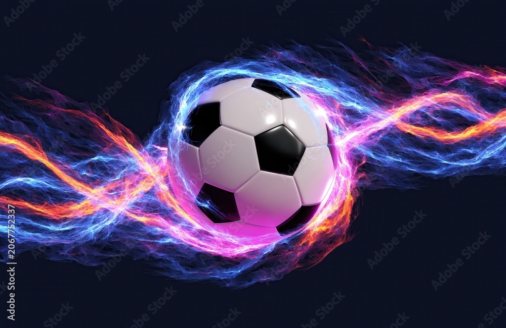 Fototapeta premium Dynamic Soccer Ball with Colorful Energy Trails and Abstract Glowing Light Effects on Dark Background for Sports Concept