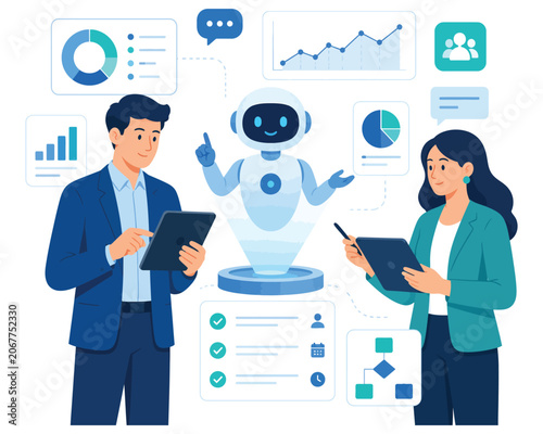 Business people interacting with AI robot and data analytics dashboard