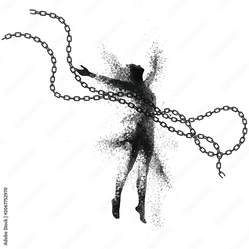 Obraz premium Abstract conceptual silhouette of a person breaking free from metal chains