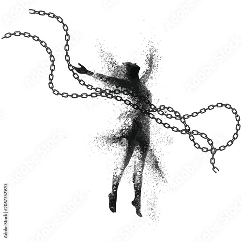 Schilderij op canvas Abstract conceptual silhouette of a person breaking free from metal chains