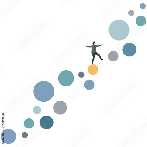 Konstfotografi Person balancing and stepping across floating geometric circles with stepping