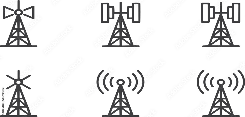 Fototapeta premium Wireless Communication Tower and Telecom Network Signal Icon Set Vector Illustration