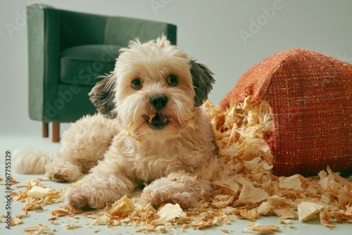 A playful dog surrounded by popcorn, creating a mess in a cozy living room setting. Dogs chewing on furniture