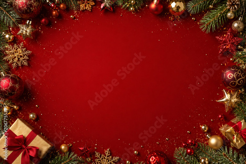 Elegant Christmas Border on Red Background with Gifts and Copy Space