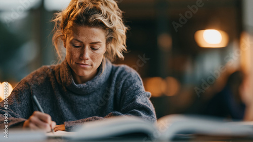 A wide shot of a person journaling softly beside a calm open book in a bright sunlit study space journaling study open face bright interior daylight workspace full scene