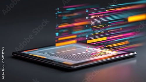 A tablet with vibrant, colorful digital data streams emerging from the screen, symbolizing fast information transfer and modern technology, gadgets on abstract background
